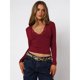 thumbnail image 4 of Blusas de Larga para Mujer con Cuello en V y de Encaje Ajustadas para Salir Vino Tinto S, 4 of 9