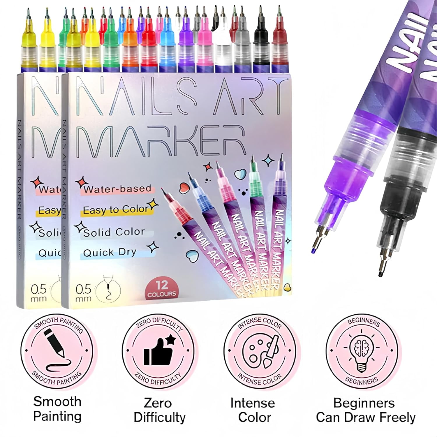 12 Colors Nail Art Pens Set, 3D Nail Polish Markers with Quick-Dry Dotting & Liner for DIY Drawing Painting