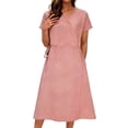thumbnail image 2 of Gamivast Linen Dress for Women V-Neck Short Sleeve Wrap Dress With Belt Casual Summer Style A-Line Midi Dress Flare Hem Sundress Daily Wear Outfits, 2 of 8