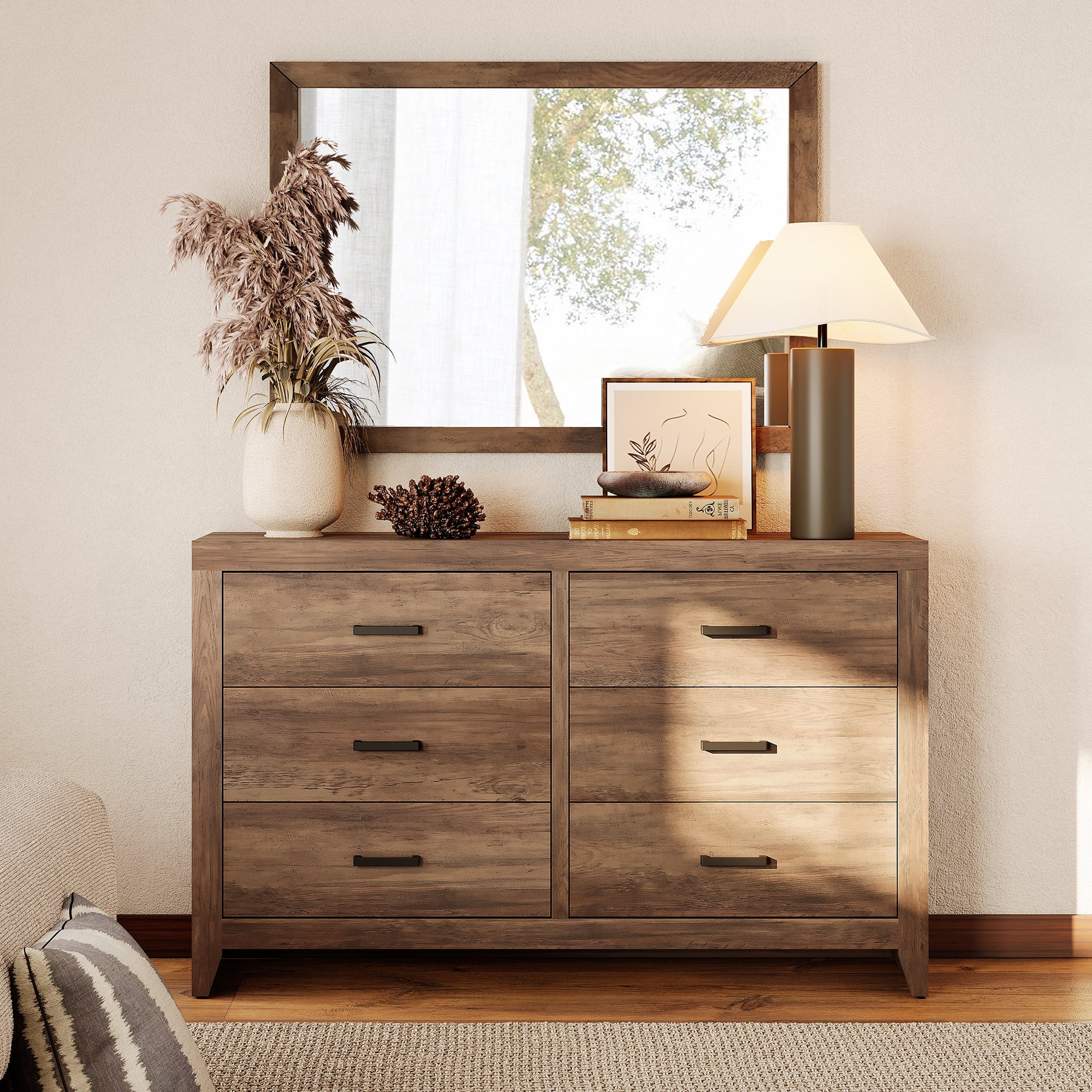 WAMPAT Farmhouse Dresser for Bedroom, 53 Inch Farmhouse Wood Storage Cabinet with 6 Drawers, Rustic Chest of Drawers for Living Room & Hallway