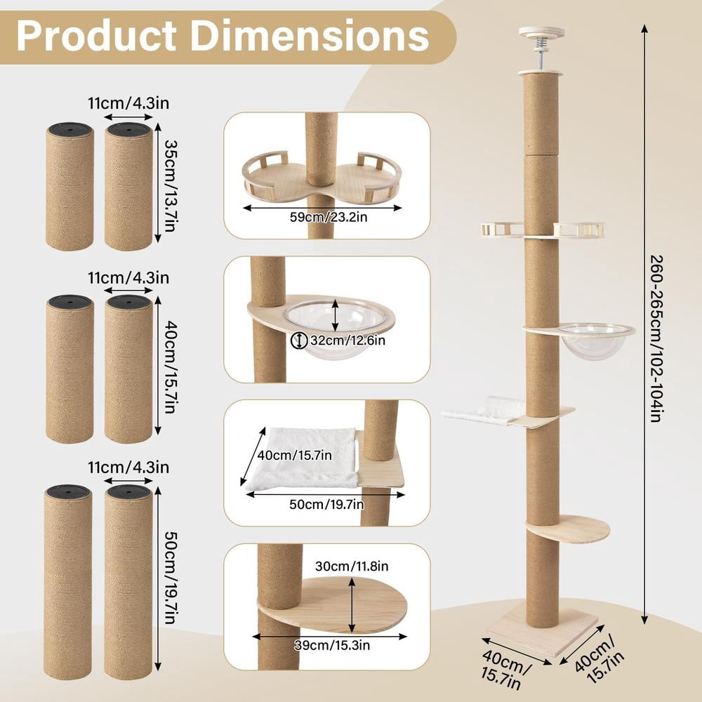 Floor to Ceiling Cat Tree, Tall Cat Tower with Lots of Scratching Posts, Designed for Large Cats, Indoor Cat Furniture Suitable for All Cat Sizes