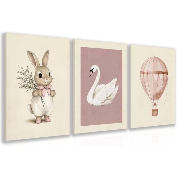 Pink Baby Girl Nursery Wall Decor Cute Bunny Wall Art Cozy Rabbit Canvas Artwork Elegant Swan Poster Prints Vintage Hot Air Balloon Painting Prints for Kid's Room Baby Room Wood Framed 12"x16"x3