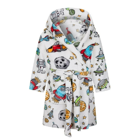 Boys Girls Bathrobe Cartoon White Planet Robe Soft Fleece Bathrobe Sleepwear for 2-12Y