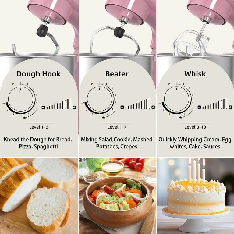 Trimeko New 3-In-1 5.5QT- Tilt-Head Food Stand Mixer with Bowl, Dough Hook, Whisk and Beater, Pink