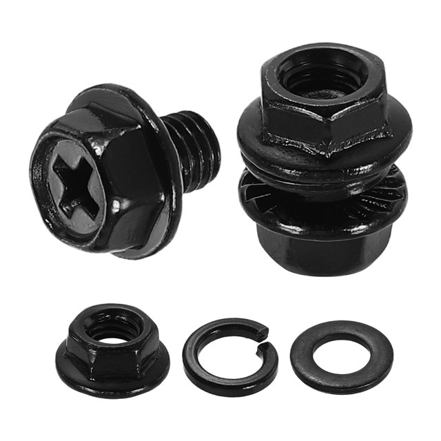 M5 x 6mm 10Pcs Phillips Flanged Hex Bolts with Nuts, Flat & Lock Washers, Black