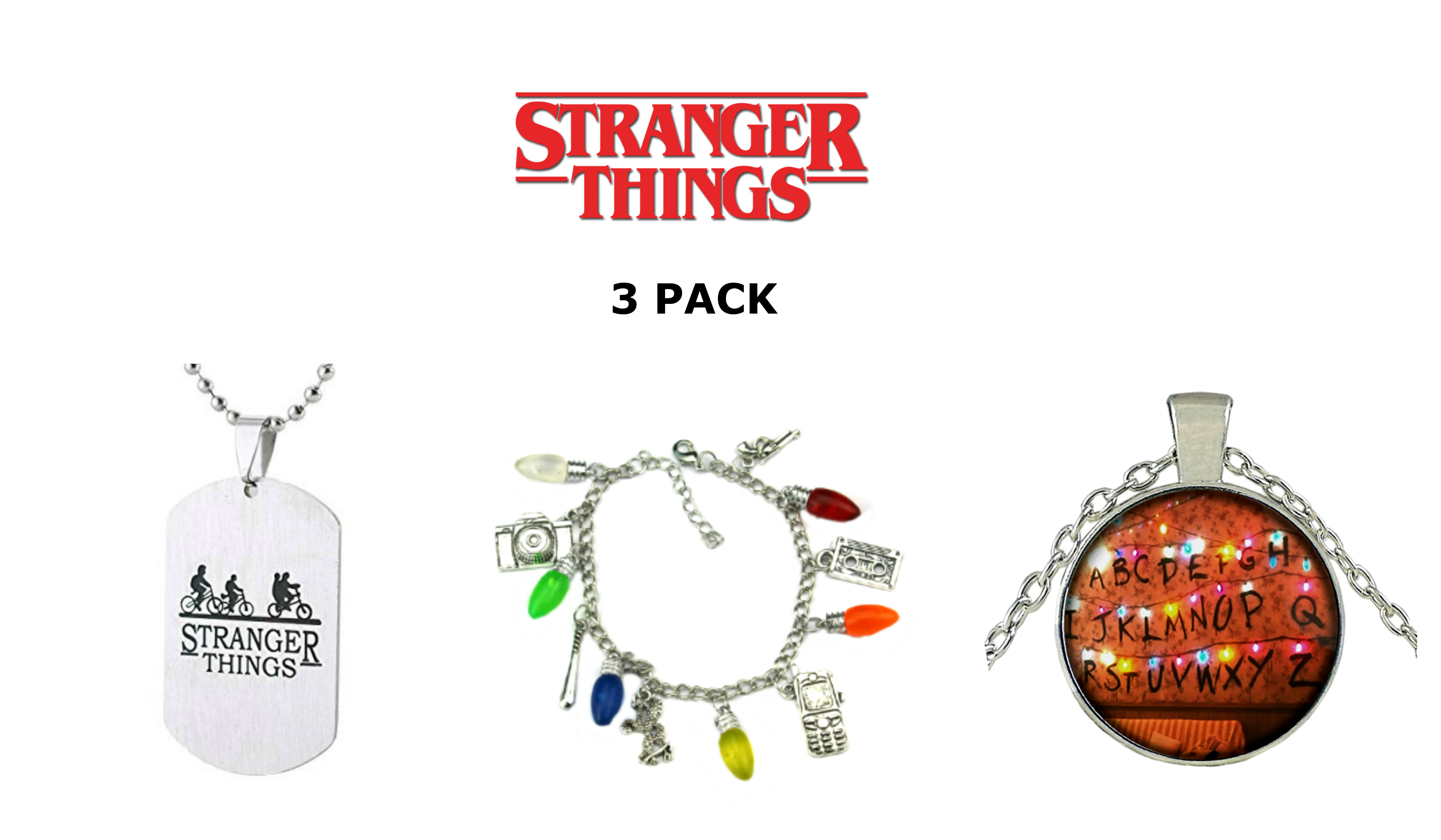 3 Pack Stranger Things Themed Charms Bracelet + Pendent Necklaces Eleven