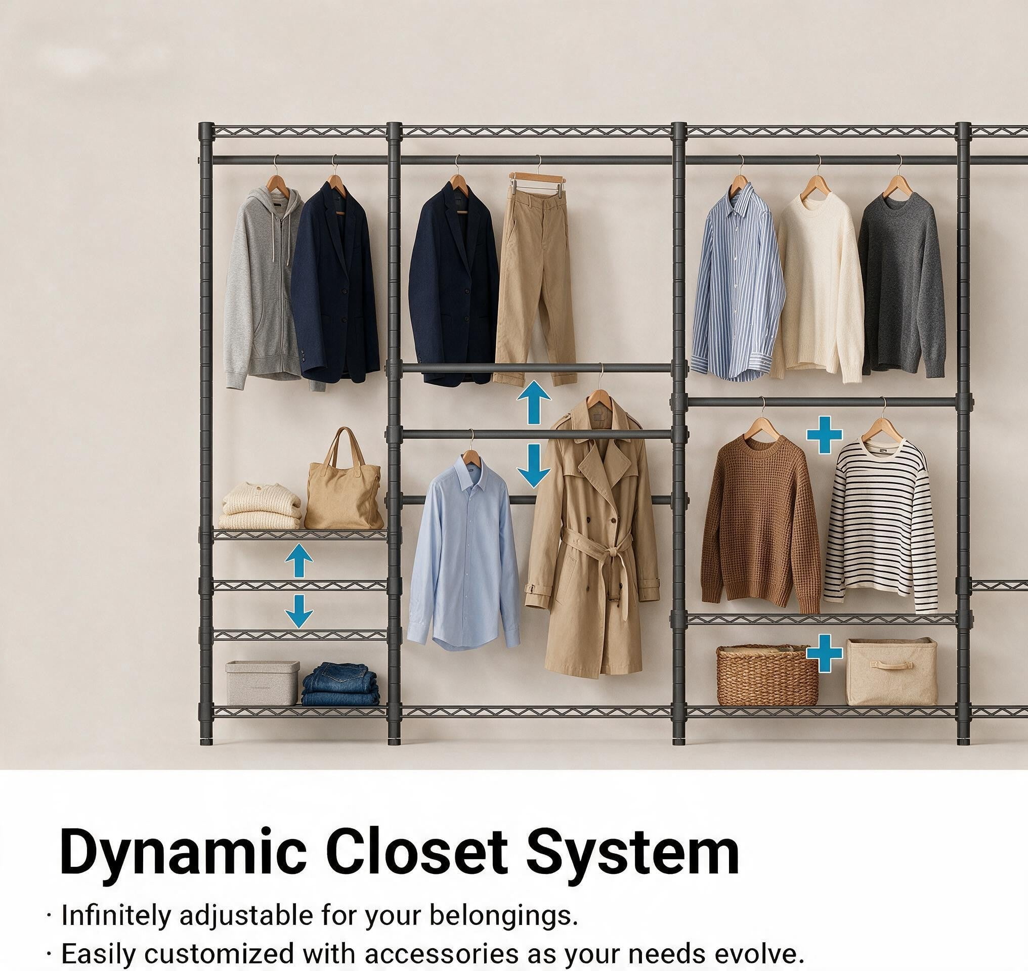 Sailvan 640LBS Heavy Duty Rolling Clothes Rack, 47" Garment Rack with Wheels, Metal Freestanding Portable Closet, 2 Hanging Rods & 3 Shelves,Gray