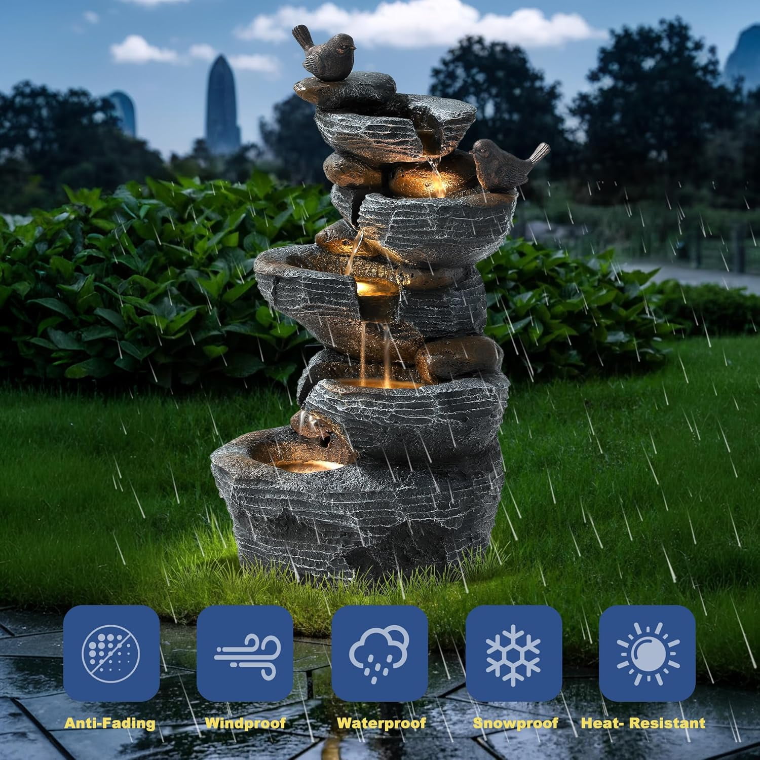 5-Tiers Cascading Rock Outdoor Water Fountain, Garden Freestanding Birds Waterfall Fountains Outdoor with LED Lights Birds Decor, Stacked Stone Outdoor Fountains for Garden Patio Porch, 26" H