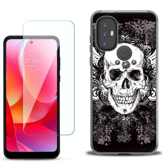 Slim-Fit Gel TPU Phone Case for Motorola Moto G Power 2022, with Tempered Glass Screen Protector, by OneToughShield ® - Grunge Skull