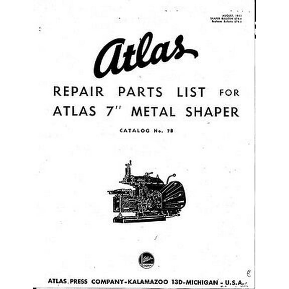 1953 Atlas 7B 7" Metal Working Shaper Operations Manual Instructions REPRINT
