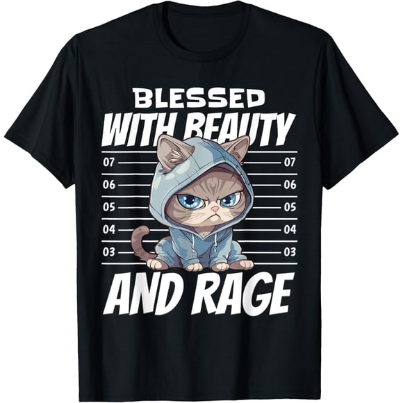 Blessed with Beauty and Rage Cat Lovely and Cute Camiseta 100% algodón estampado camisetas unisex para hombre y mujer