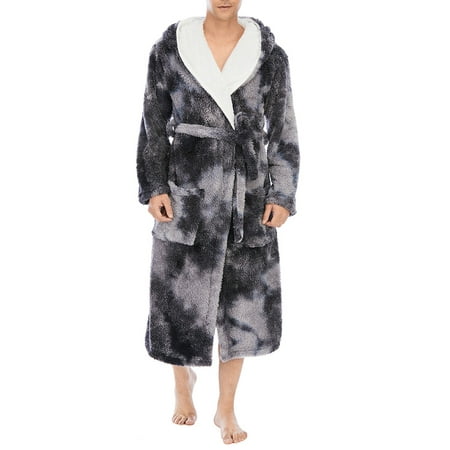 

Ovzne Men Colorful Tie-Dye Coral Fleece Double Pockets Thick Loose Hooded Home Robe