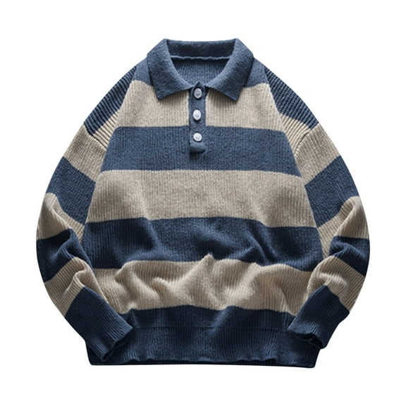 YueHuiYing Mens Sweater Long Sleeved Loose-Fit Rugby Stripe Knit Sweaters Vintage 2025 Classic Button