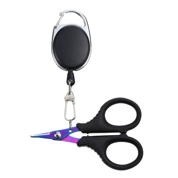 Uxcell Fishing Scissors Stainless Steel Non-Slip Braided Serrated Edge Scissor with Retractor, Colorful Titanium