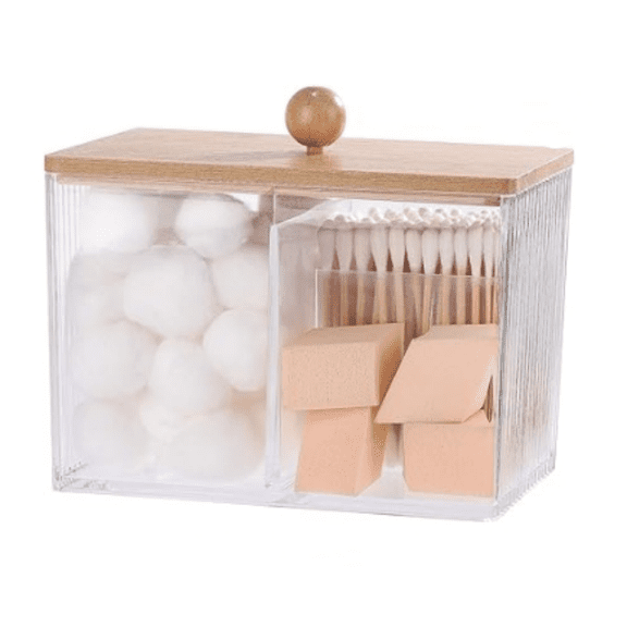 Holder with Bamboo Lids, 3 Compartments Cotton Ball/Swabs Dispenser, Apothecary Jar Clear Plastic Bathroom Container for Storage and Organizer