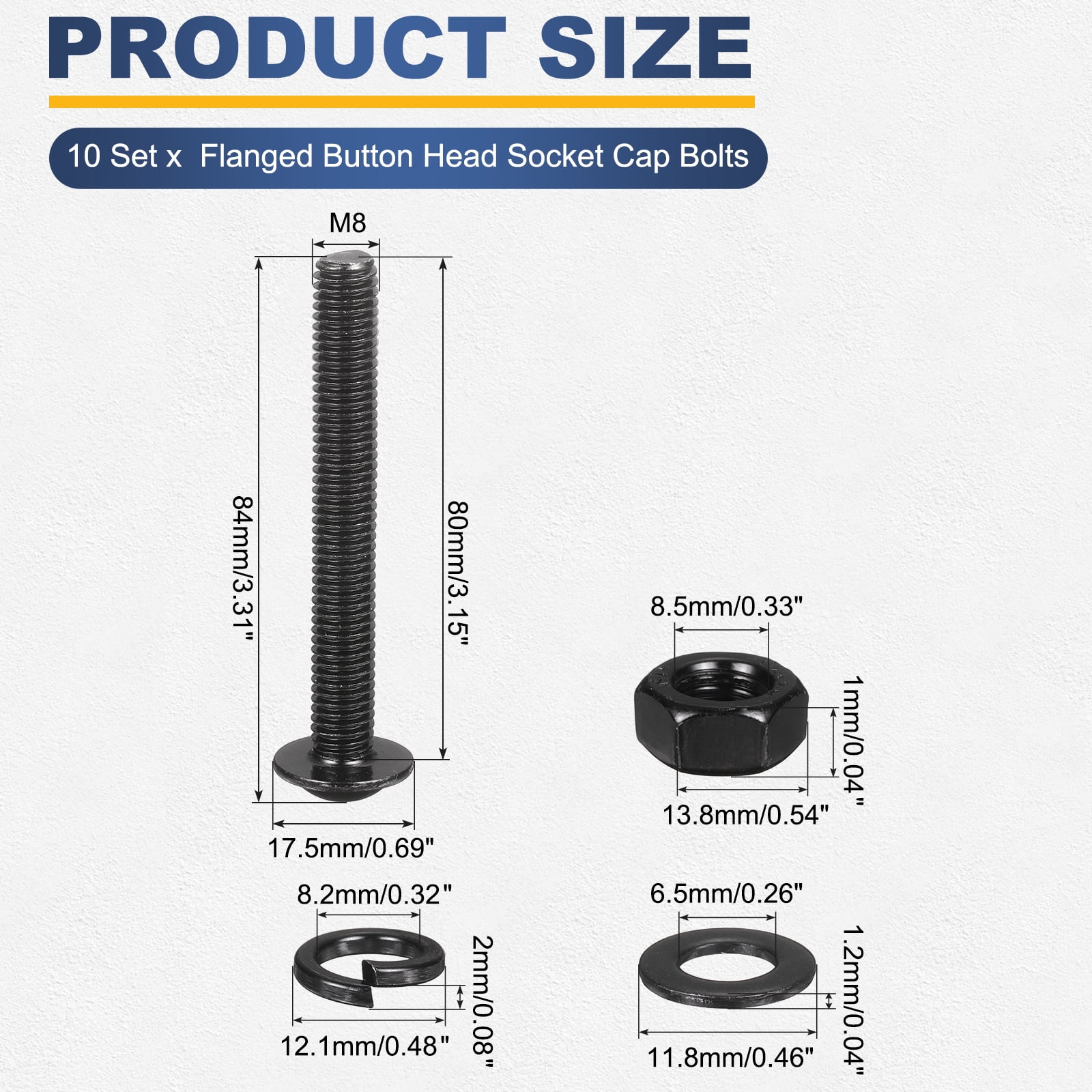 10 Set M8 x 80mm Flanged Button Head Socket Cap Screws, Black 304 Stainless Steel 18-8 Hex Socket Head Screws Bolts, Nuts, Flat & Lock Washers for DIY, Furniture, Automotive