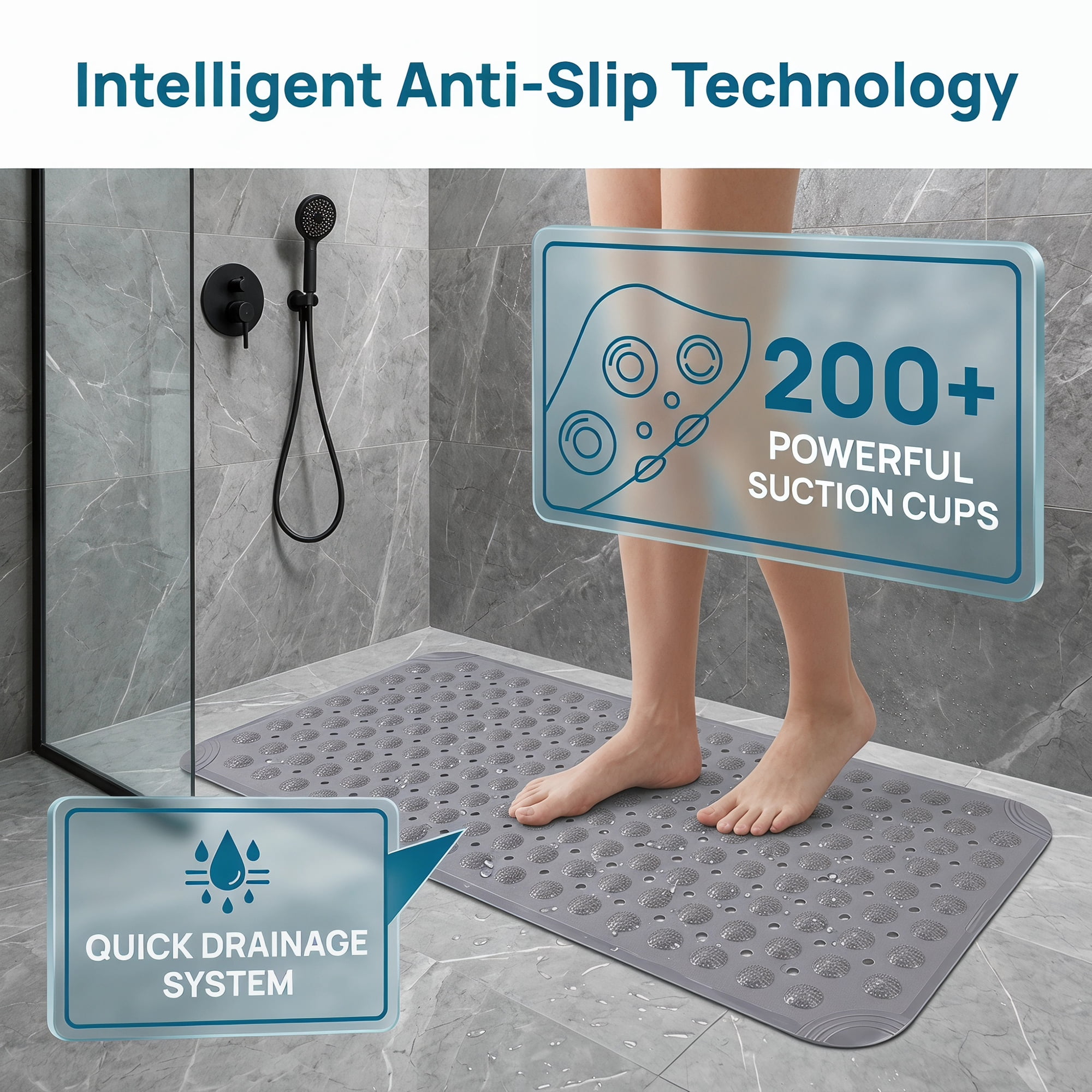 Unique Bargains Non Slip Quick Dry Machine Washable Bath Tub Mat Grey 28" x 14"