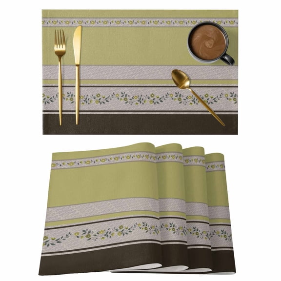 Sage Green Floral Placemats Set of 8 Modern Farmhouse Leaves Brown Striped Place Mats Indoor Wipeable Table Mats Washable Cloth Dining Table Placemats for Kitchen Holiday Party Home Decor 13x19 Inch