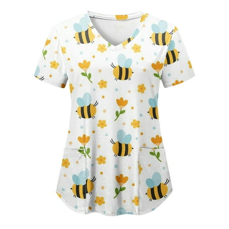

Women Scrubs Top Love Heart Printed Fashion Casual V Neck Valentines Day Printed Short Sleeve Protective Clothing With Pocket Spring Summer Daily Nursing Uniforms Nursing Care Working Uniforms