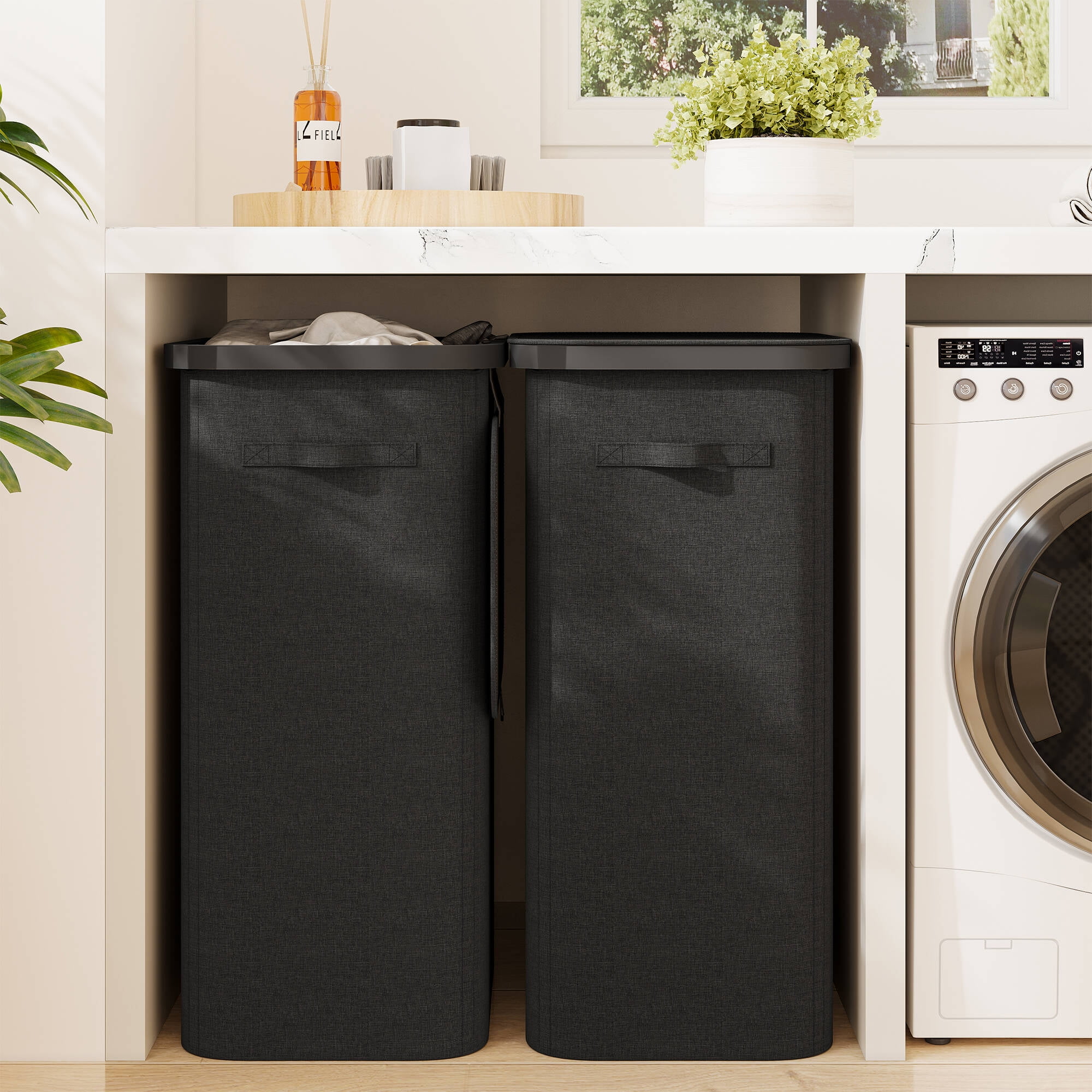 BGTREND 2PCS Slim Laundry Hamper with Lid 110L Foldable Clothes Basket with Removable Mesh Bag & Handle for Closet Bathroom Bedroom (Black)
