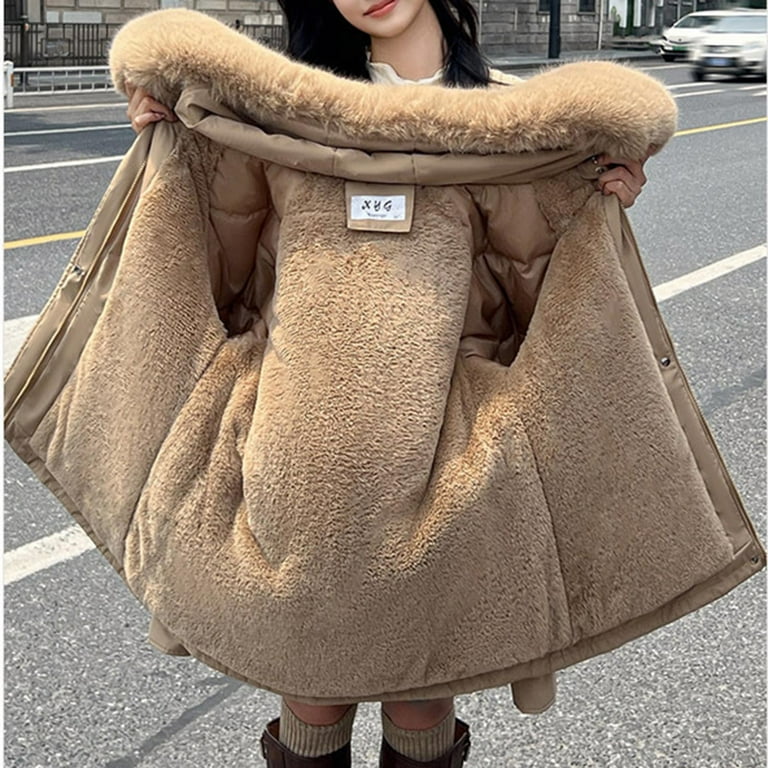 Tuopuda Damesjas, winterjas, gevoerde jas, warme parka, sweatvest met capuchon, gewatteerde jas, lange jas, outwear, winddicht, Khaki (stad), M