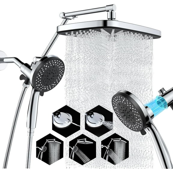 12-inch Square High-pressure Rain Shower Head with Filtered Hand-held Shower Head, Adjustable Extension Arm, 10-Spray Modes & Magnetic Docking/Chrome Finish