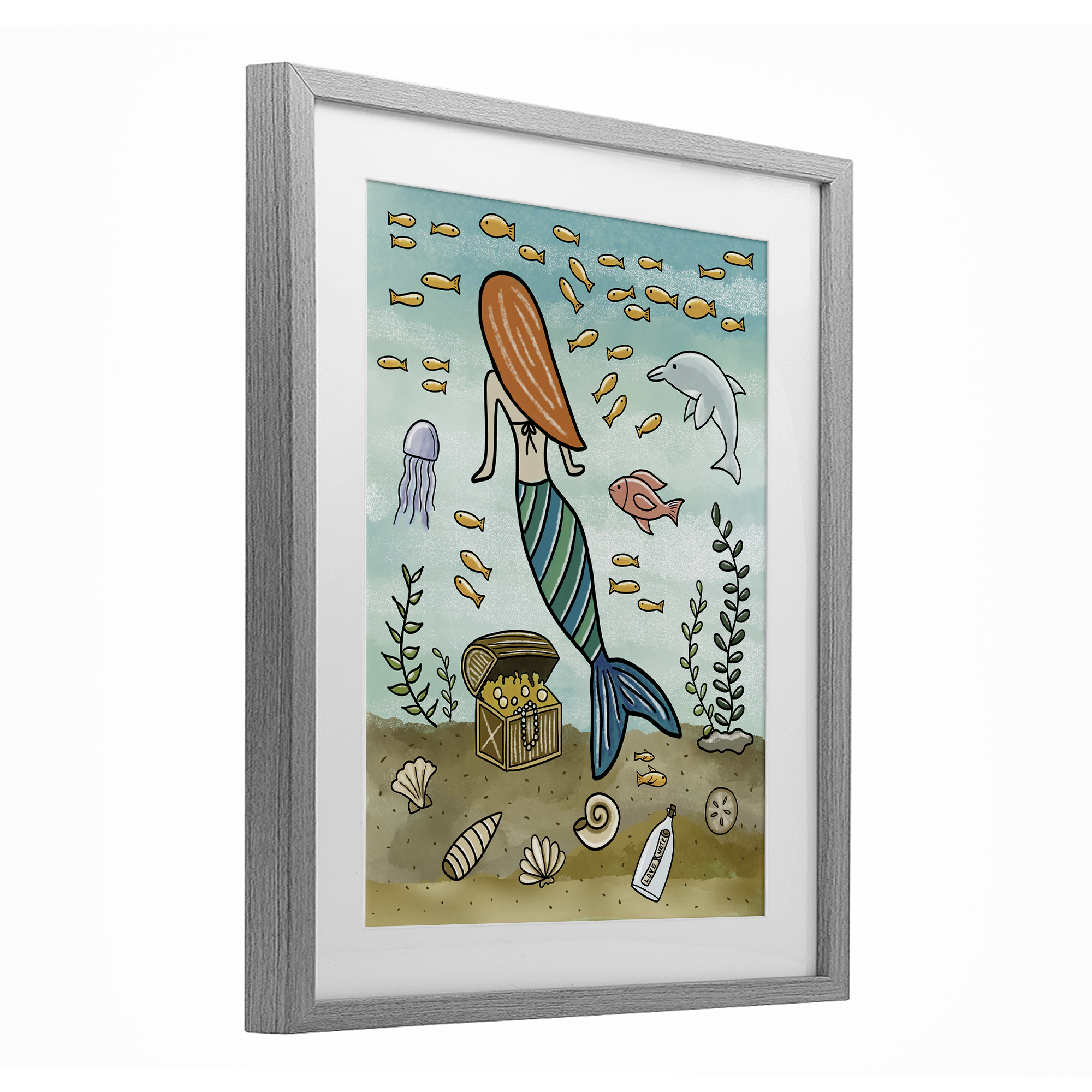 Mermaid Treasure Love Note Gray Framed Print Under Glass, design by Jennifer Stith