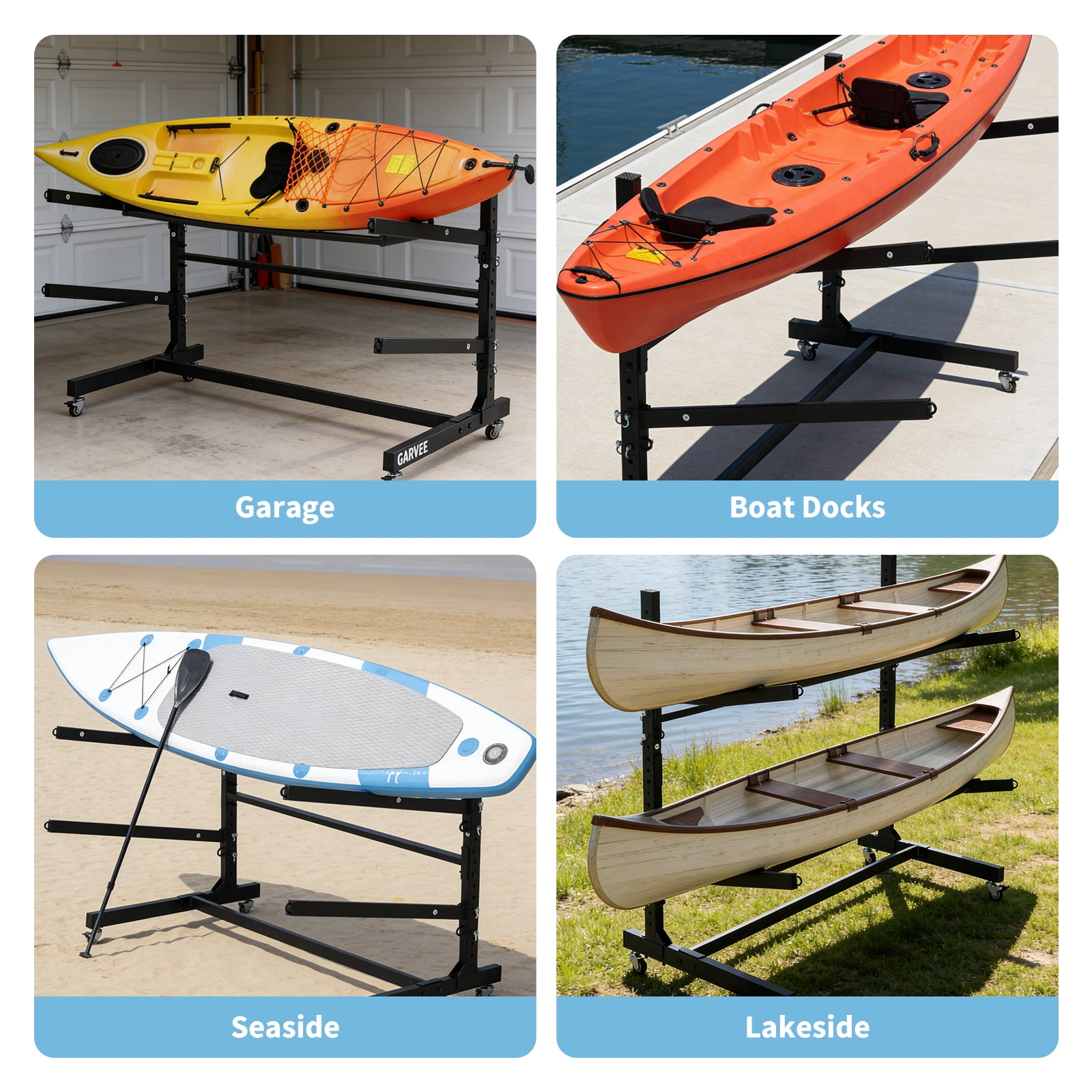 Kicctian Steel Kayak Storage Rack with Wheels, 200 lbs Capacity, 2-Tier Adjustable Heavy Duty Stand for Kayaks, Canoes, SUPs, Surfboards