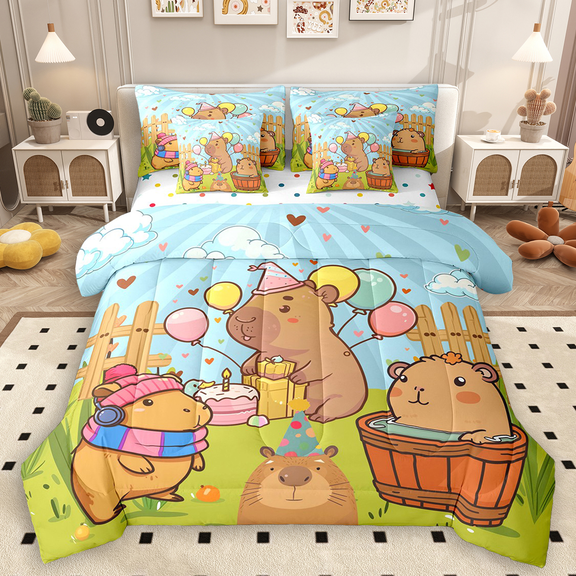 Manfei Cartoon Capybara Twin Bedding Sets 7pcs, Cartoon Animal Tree Lake Bedding Comforter Set, Children Happy Birthday Gifts Sheet Sets Breathable Home Decor