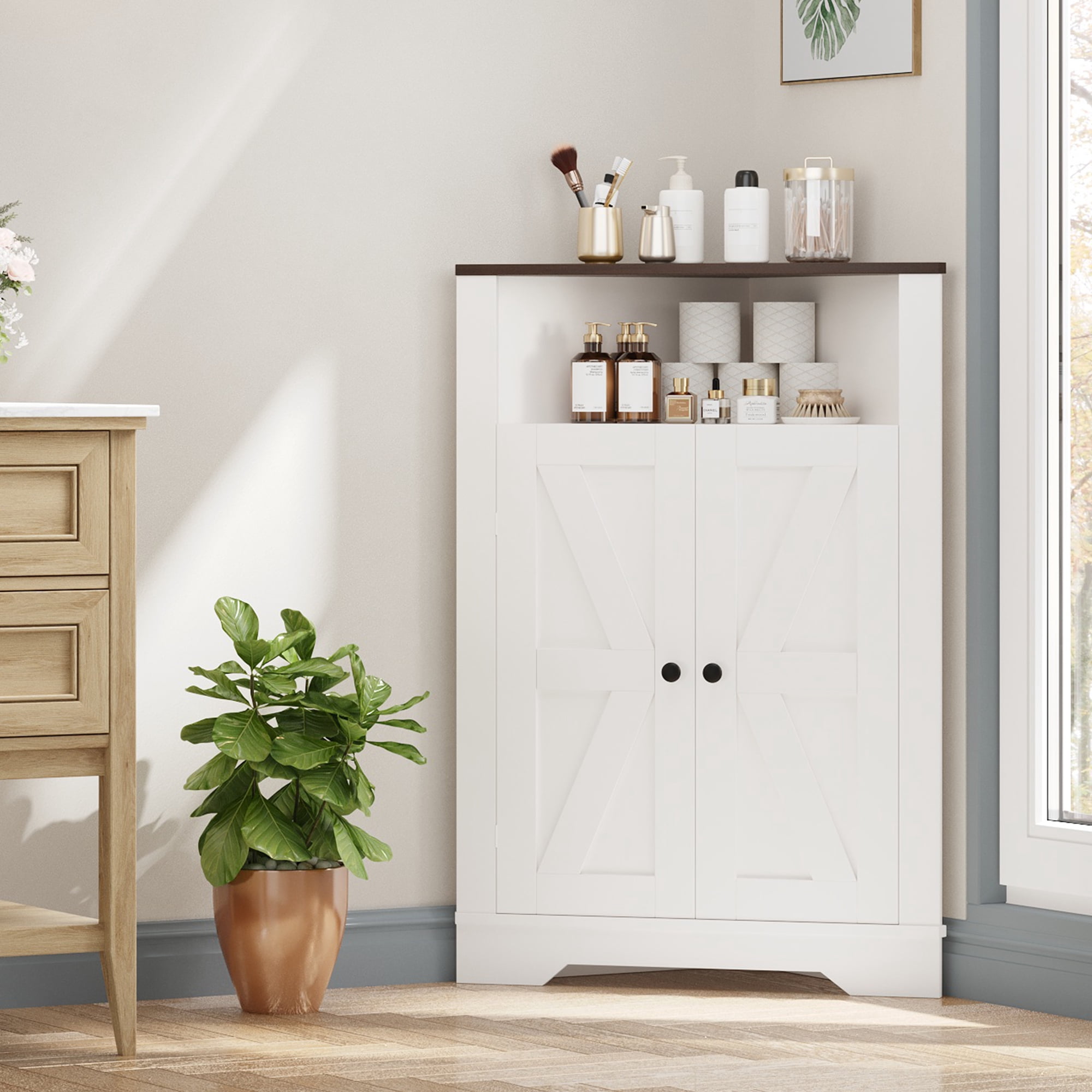 COZONY Farmhouse Corner Storage Cabinet with Door and Adjustable Shelf, Narrow Floor Cabinet for Bathroom, Pantry, Living Room,White