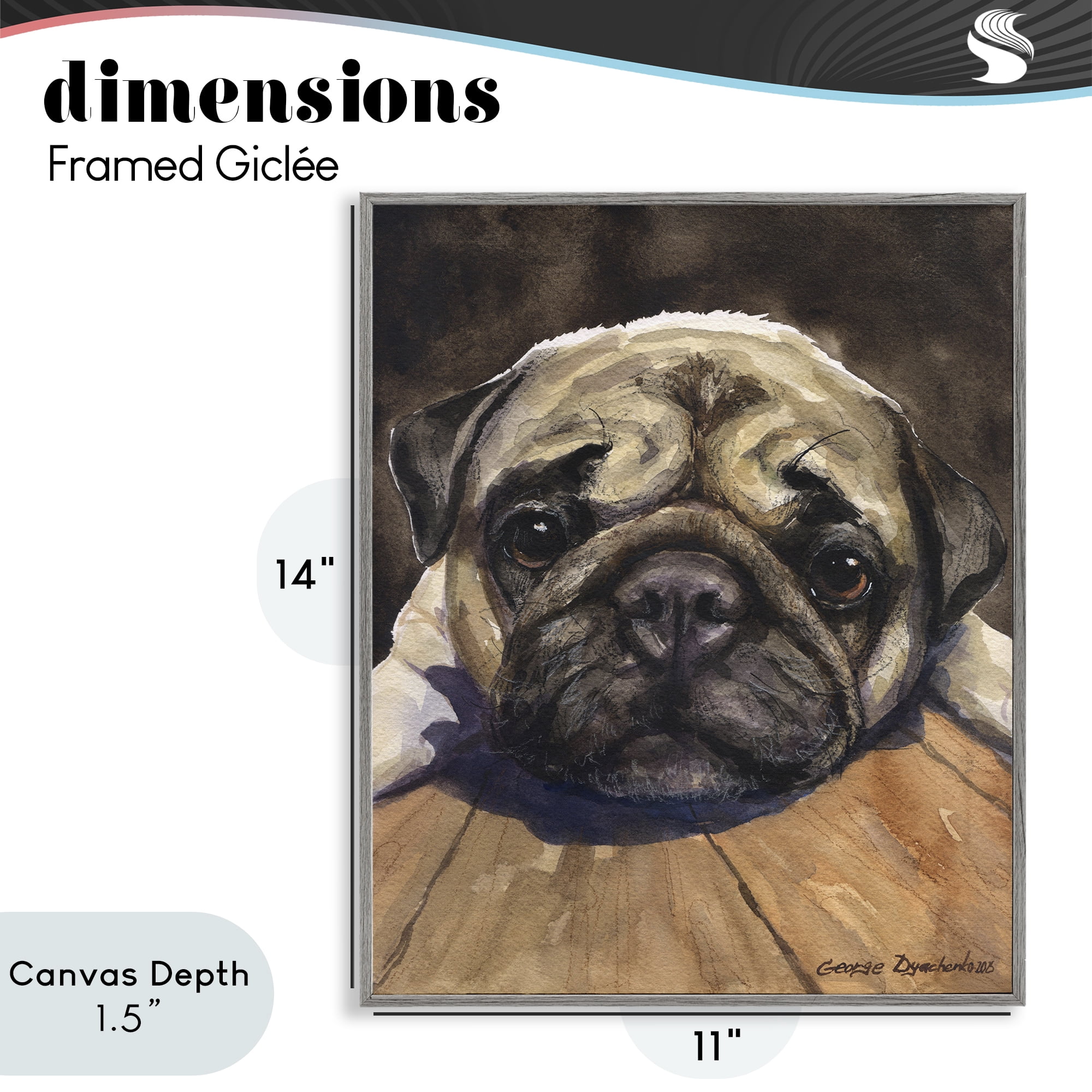 Stupell Industries Pug Soulful Portrait Gray Framed Giclee Art, design by George Dyachenko