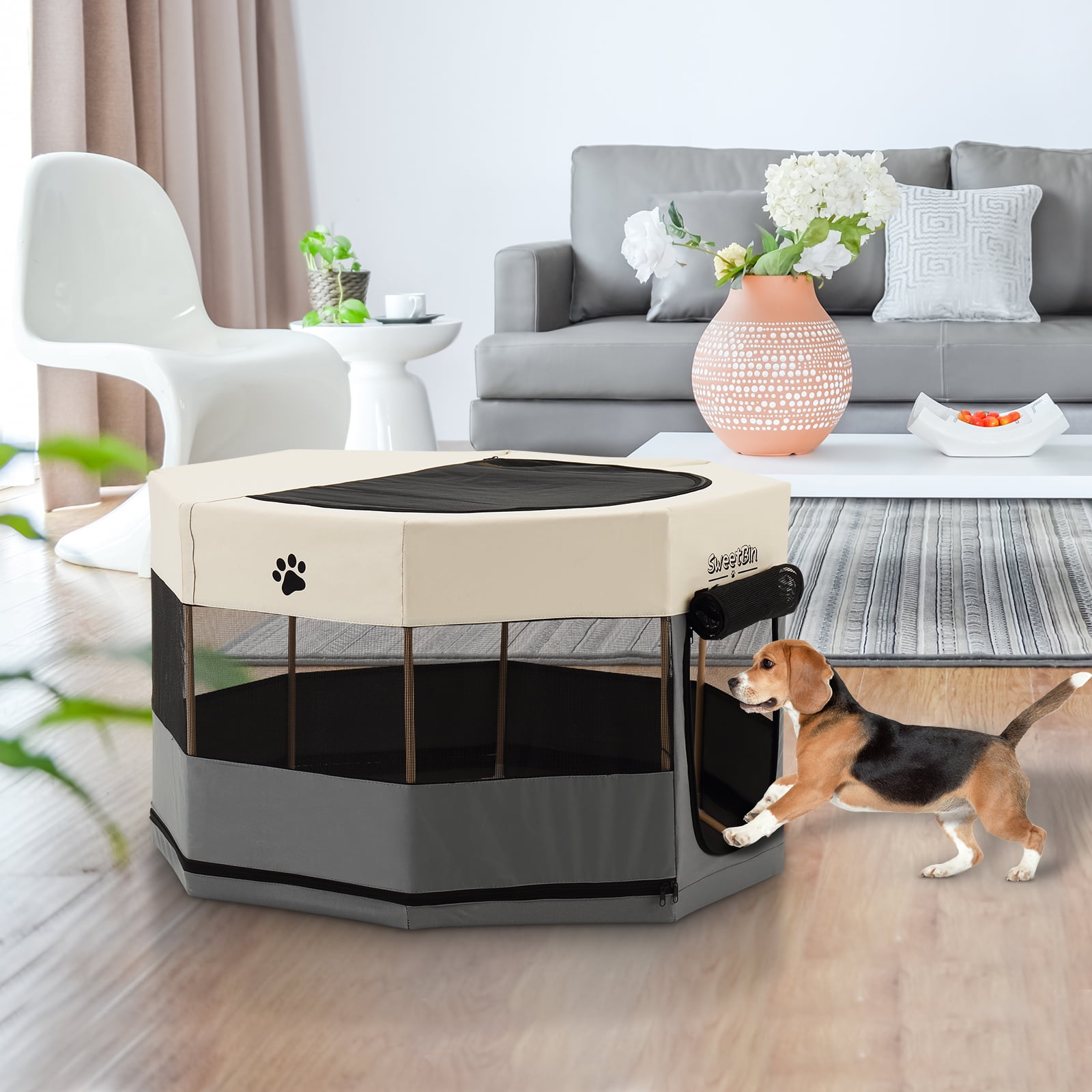 Medium Wood Frame Dog Playpen for Medium Dogs,Cat Playpen with Waterproof Bottom,Travel Pet Play Pen with Side Door for Puppies (36" x 36" x 23", Light Beige)
