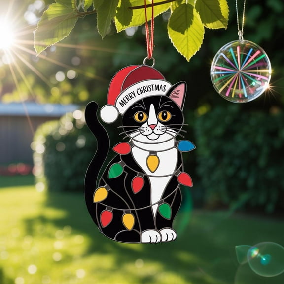 Christmas Cat Acrylic Suncatcher, Black Cat Ornament with Lights, Holiday Cat Window Hanging, Stained Glass Style Kitty Decoration 2025