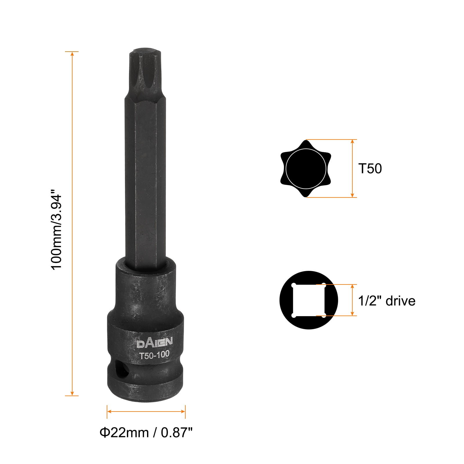 Uxcell 5pcs T50 Torx Bit Socket 100mm/3.94" Length 1/2" Square Drive Star 6 Point Extension Impact Bit Power Nut Driver Set S2 Steel Socket Ratchet Wrench Bits, Black