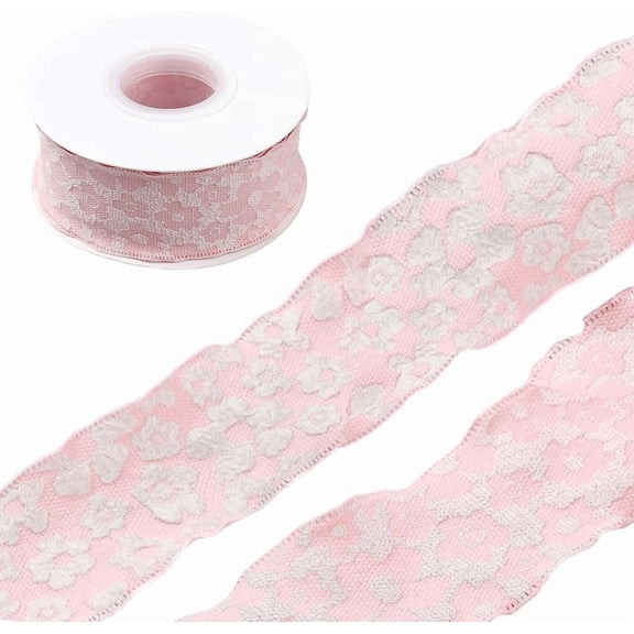 24 Yards 1.5 Inch Pink Double Ruffle Edge Ribbon 3D Flower Spring Floral Pattern Polyester Ruffled Chiffon Fabric Ribbons Bulk Roll for DIY Sewing Making Crafts Gift Wrapping Bouquet Wreaths Diy
