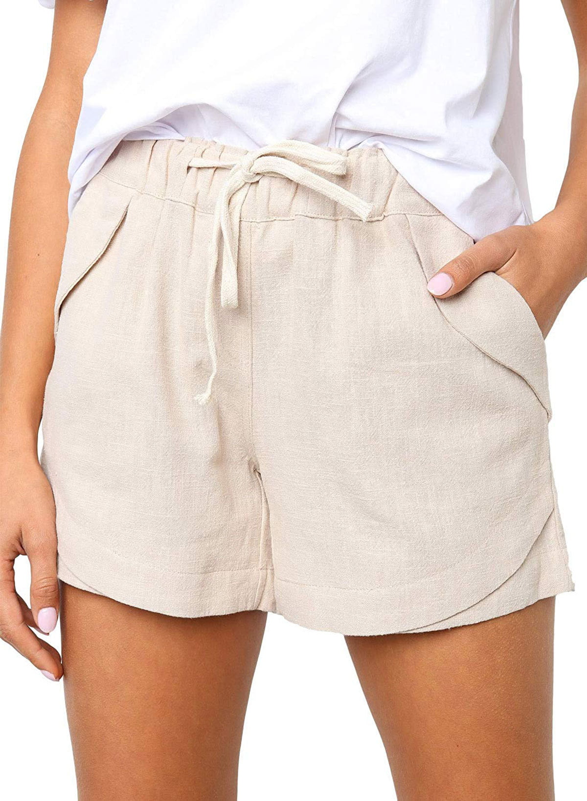 POQOQ Shorts Pants Womens Comfy Drawstring Splice Casual Elastic Waist Pocketed Loose