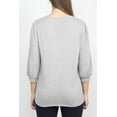 thumbnail image 3 of Tint + Shadow 3/4 Sleeve Crew Neck with Rhinestone Button Keyhole & Front Ruffle detail Knit Top-HEATHER GREY / L, 3 of 12