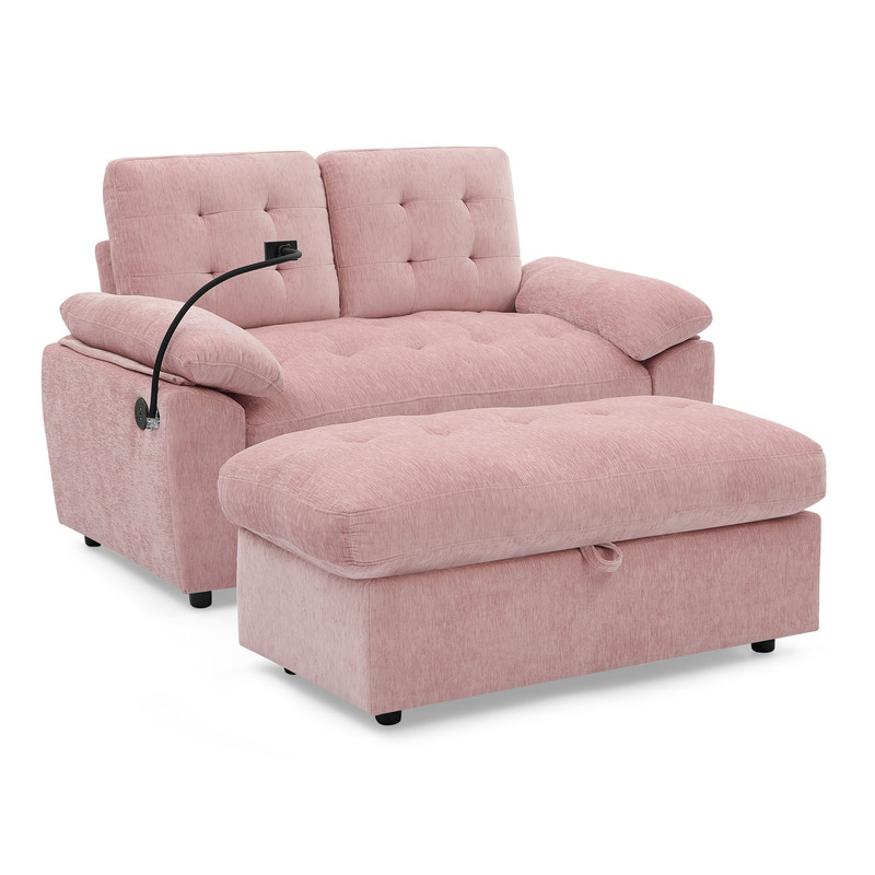 Double Sofa Recliner with Storage Ottoman, Manual Adjustable Reclining Loveseat with USB Charging Port, Phone Stand, and Soft Padded Armrests for Living Room, Apartment, and Home Theater