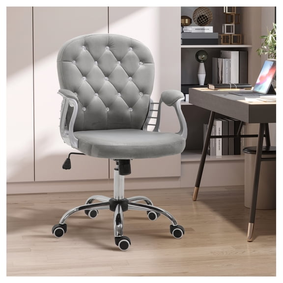 Velvet Office Chair, Button Tufted Desk Chair with Armrests, Adjustable Height Swivel Chair, Gray Home Office