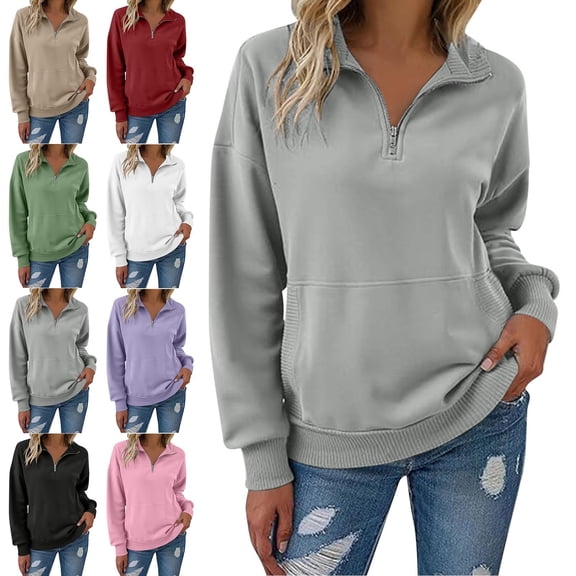 Zysthvn Plus Size Womens Fall Sweatshirts Half Zip Winter Lightweight Pullover Sweatshirt for Women Stand Collar with Pockets Long Sleeve Solid Tops