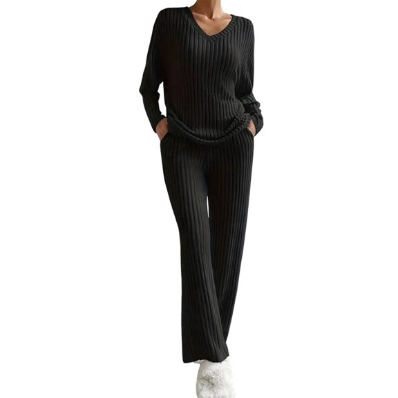 Women'S Pajama Sets Long Sleeve Short Sleeve 2 Piece Lounge Sets Ribbed Knit Sweater Sleepwear Black XL