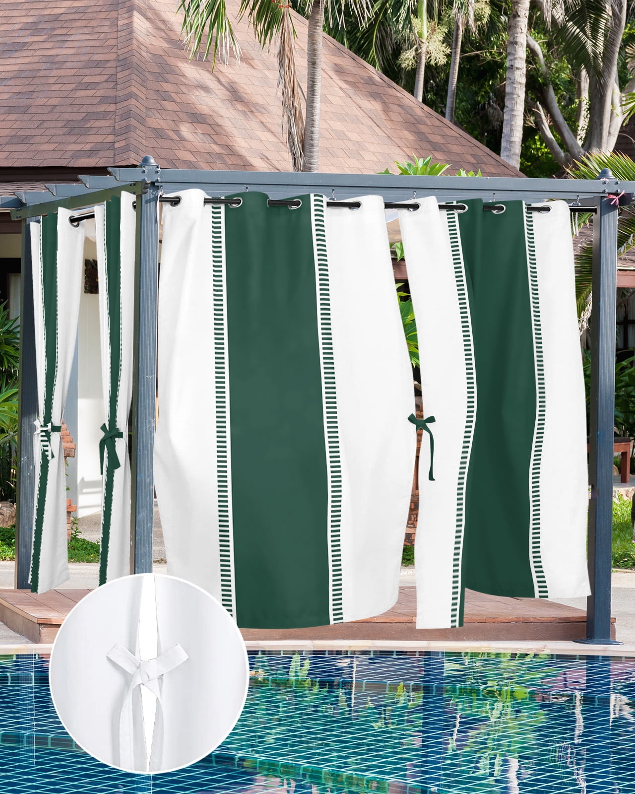 Green Solid Color Texture Outdoor Curtains for Patio, Simple Green Stripes Privacy Drapes Grommet Waterproof Outside Curtains for Porch/Cabana/Balcony 54"x 108", 2 Panel
