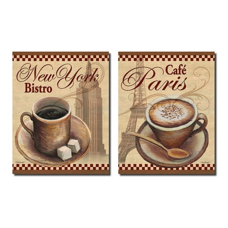 Gango Home Decor Retro New York Bistro and Cafe Paris Cups of Coffee; Kitchen Wall Art by Todd Williams; Two Beige 11x14in Unframed Paper Prints (Paper Only, No