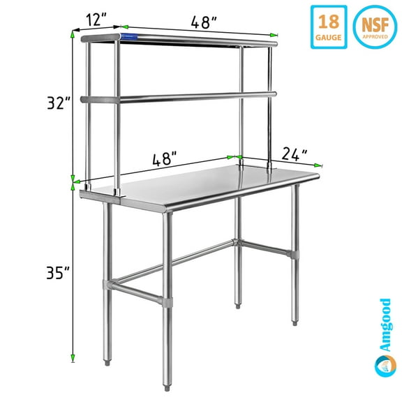 24" x 48" Open Base Stainless Steel Work Table With 12" Wide Double Tier Overshelf | Metal Kitchen Prep Table & Shelving Combo