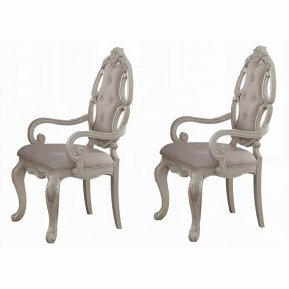 Beige and Antique White Arm Chairs (Set of 2) - Solid Wood with Button Tufting