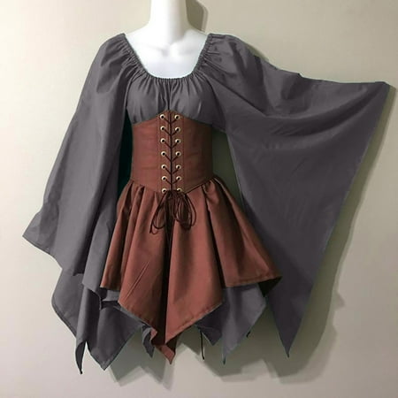 

Zpanxa Maxi Dress for Women Women Costumes Gothic Retro Long Sleeve Corset Dresses Long Sleeve Round-Neck Knee-High Dress Long Skirts for Women Womens Dresses Dark Gray L
