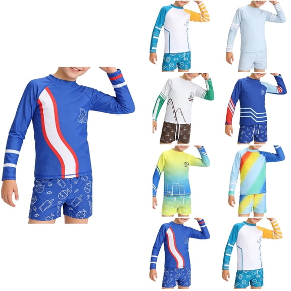 Agkizg Boys Long Sleeve Rashes Guard Set Swim Shirts and Trunks with Cap Print Swimsuit Set for Kids Youth Beach Swimming
