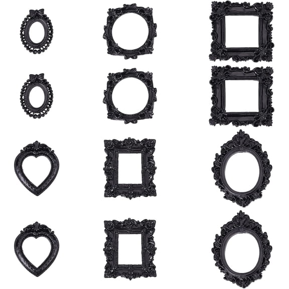 12PCS Vintage Resin Picture Frame Props Photo Frame 6 Sizes Frame Wall Hanging Photo Frame Table Top Jewelry Display Decor (Black) for diy