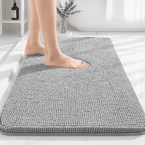 Snugspot Chenille Striped Bathroom Rug 35x25in, Extra Thick Absorbent Pet Mat, Non-Slip Soft Shaggy Carpet, Machine Washable Dry