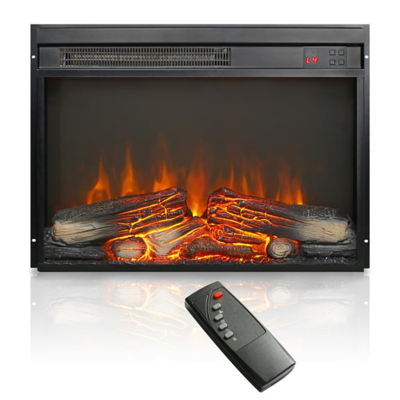 23 inch electric fireplace insert, ultra thin heater with log set & realistic flame, remote control with timer, overheating protection